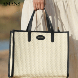 Sac Violette raphia et cuir noir