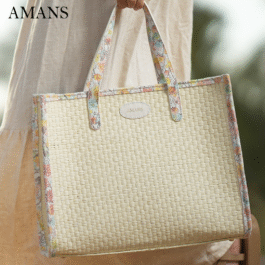 Sac Violette raphia et cuir fleurie blanc