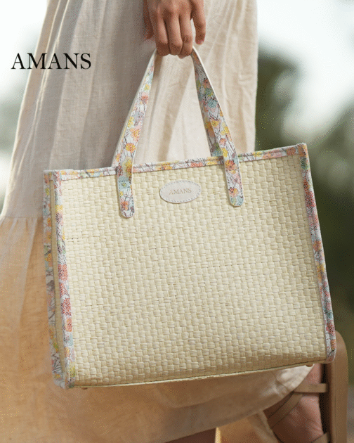 Sac Violette raphia et cuir fleurie blanc