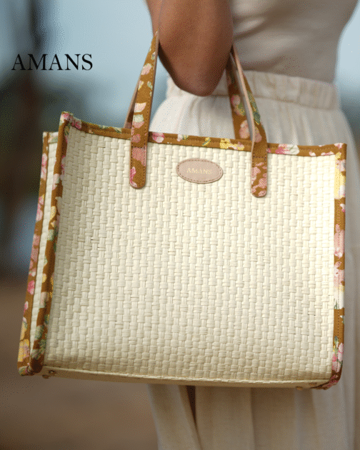 Sac Violette raphia et cuir fleurie beige